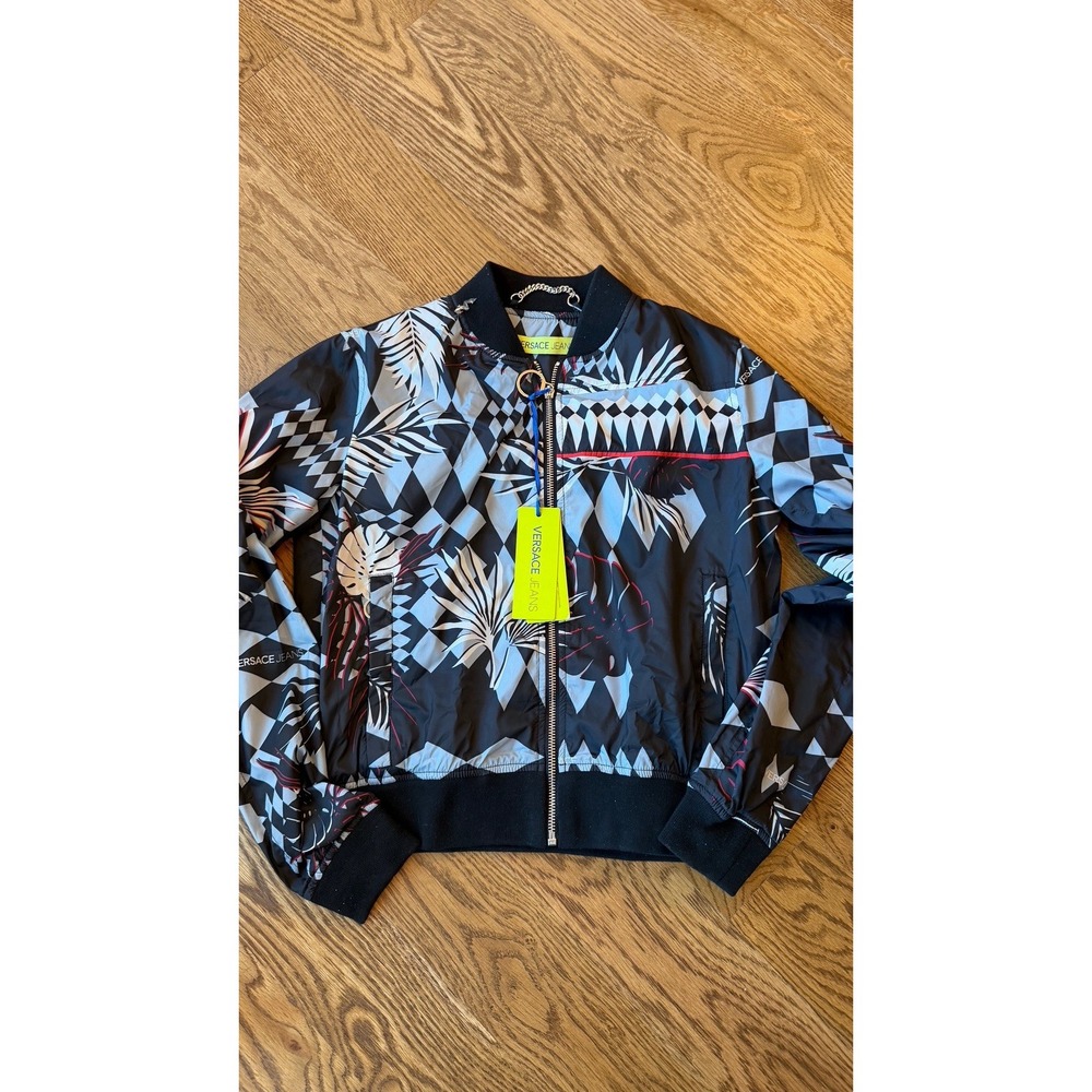 Versace Jeans Couture Bomber Jacket Nylon Printed Palm Black White Red XS 2